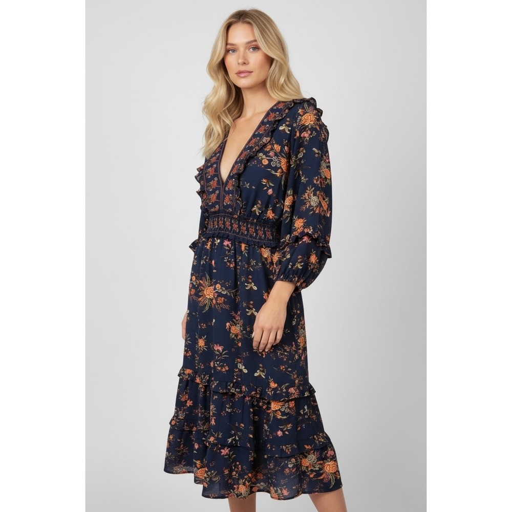 Max Studio Navy Floral Smocked Tiered Midi Dress Large Boho Cottagecore